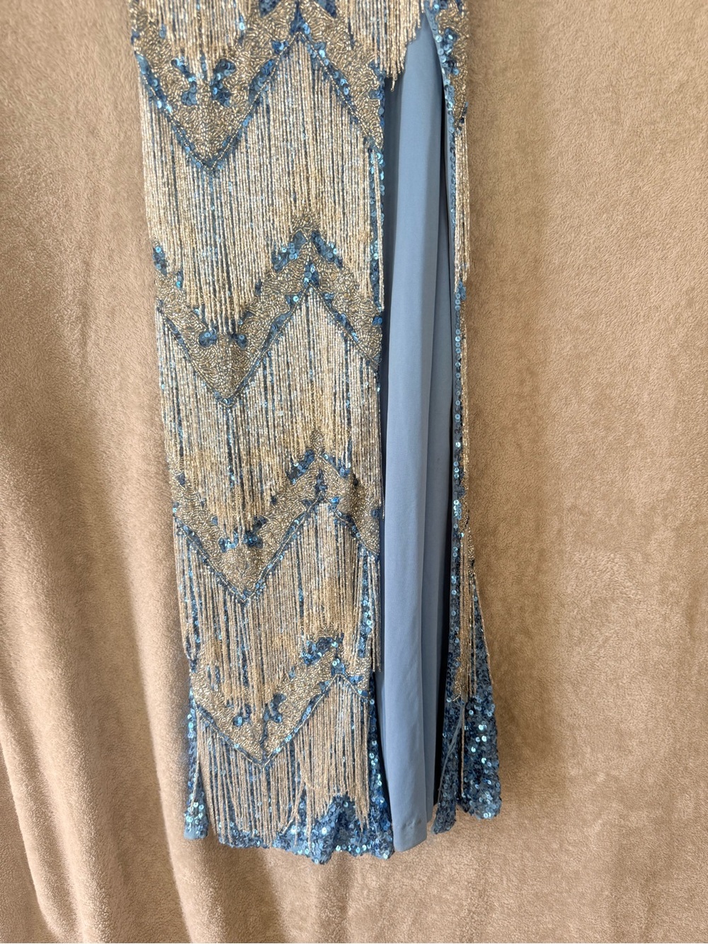 Jovani Blue Silver Sequin Fringe One-Shoulder Dress Sz 0 - Picture 2 of 16